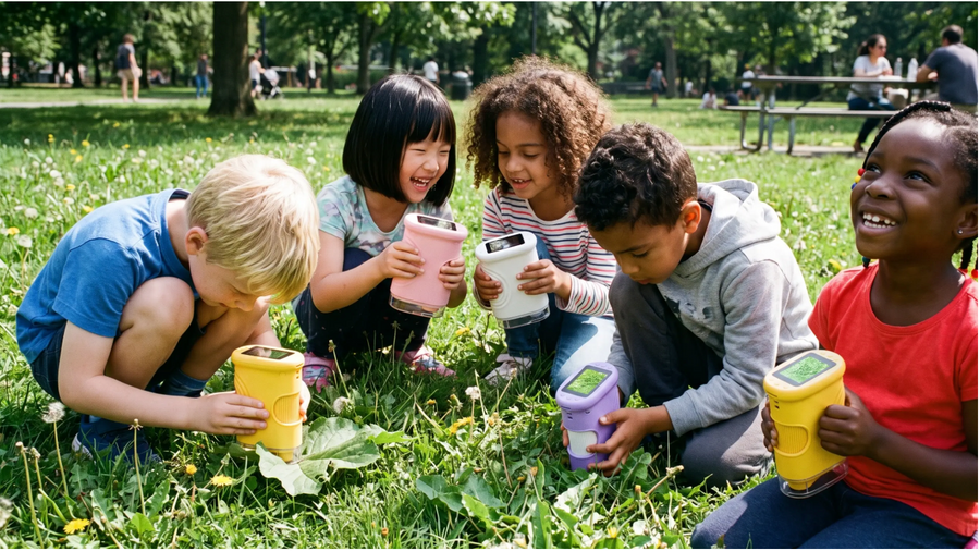 Cinq enfants allongés dans l'herbe observent des feuilles avec leur microscope Tiloupe